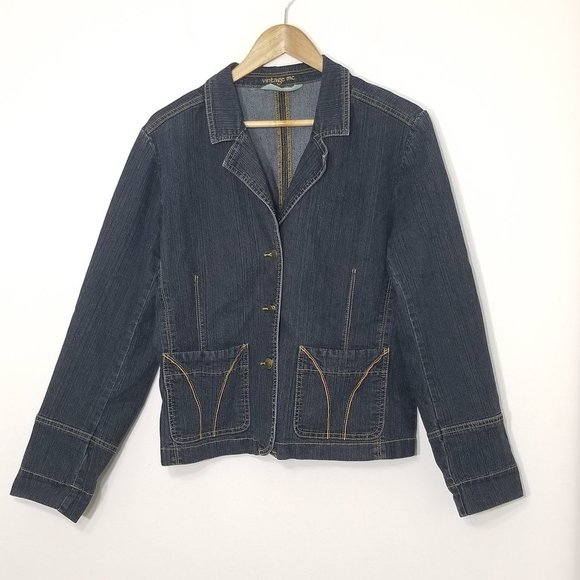Vintage MC Dark Blue Denim Cotton Blend Jean Jacket Stretch Retro Pockets Blazer - Picture 1 of 12
